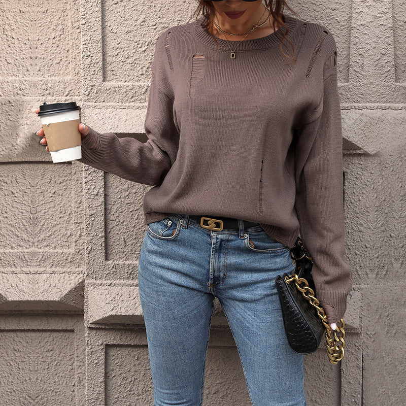 Women Casual Loose Knitting Hollow Solid Round Neck Top 5
