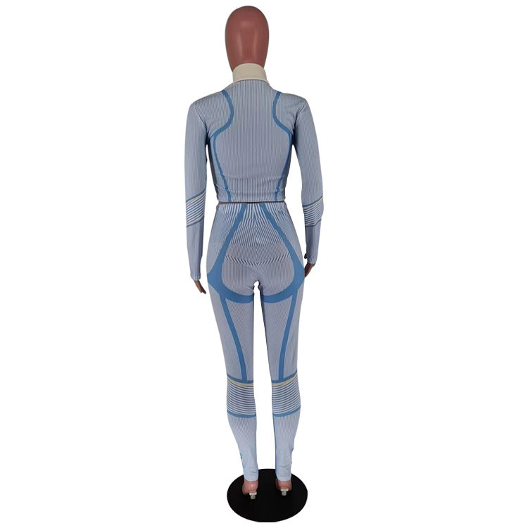 Women's Autumn And Winter Irregular Printed Long Sleeve Tight Fitting Sports Two Piece Pants Set 22