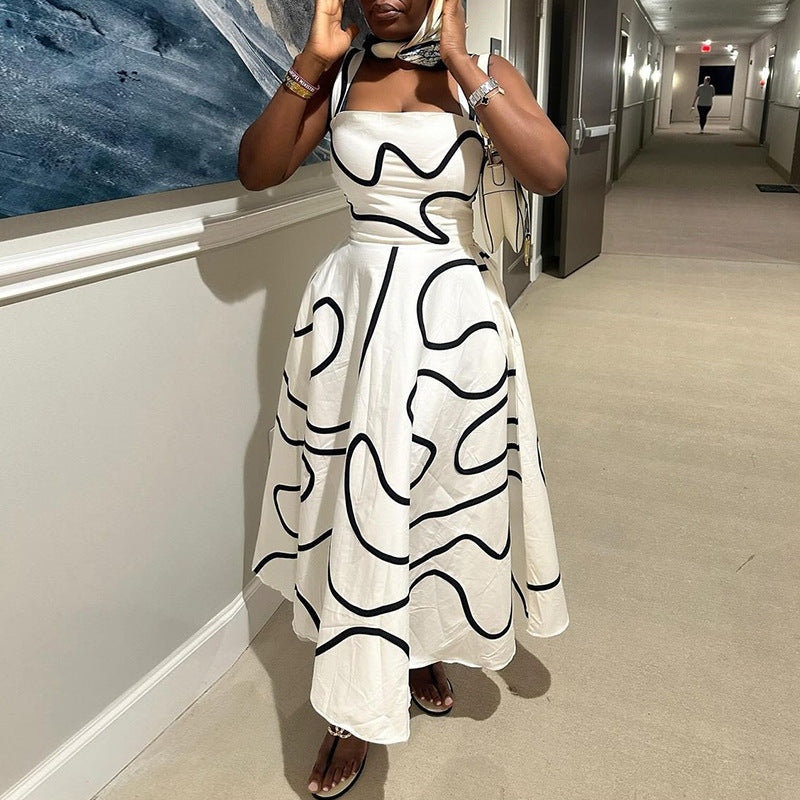 Women's Summer Fashion Strap Square Neck Printed Slim Waist A-Line Dress 5