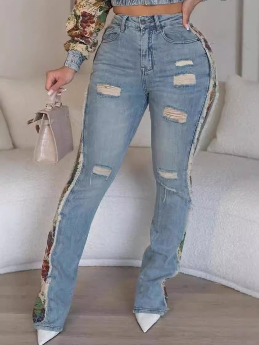 Women Fall Retro Patchwork Camouflage Print Top and Denim Pants Two Piece Set 6