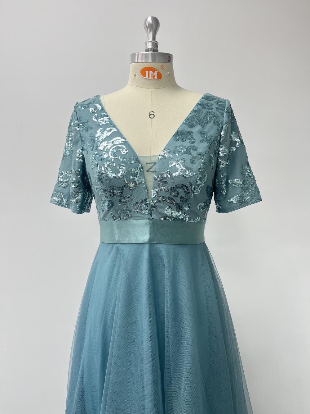 Evening dress deep v short sleeve sequin mesh patchwork irregular bridesmaids prom dress 8