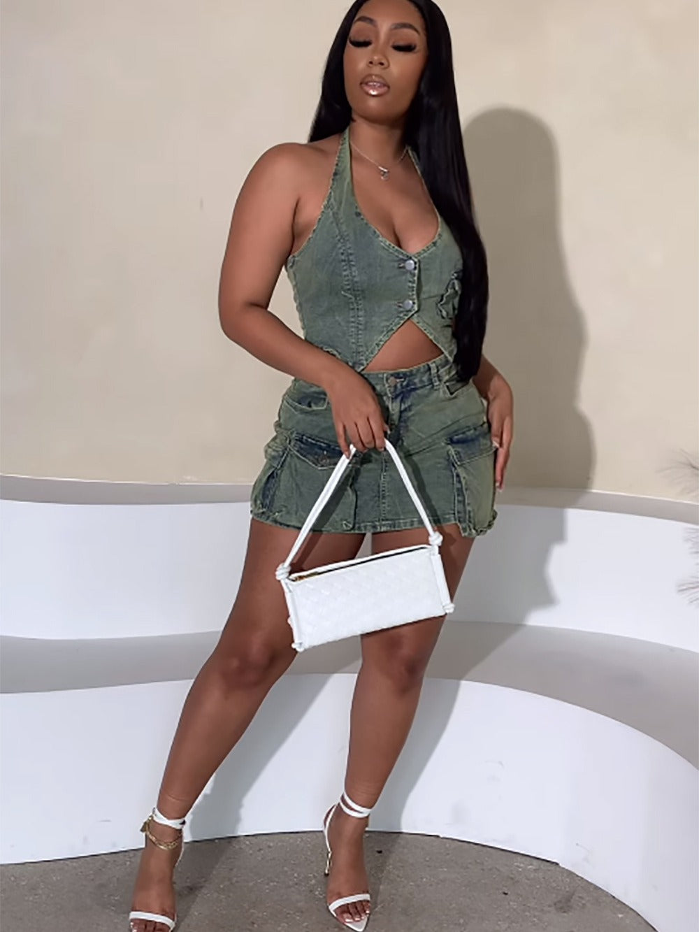 Women suspenders Top and pocket Denim Skirt two-piece set 5