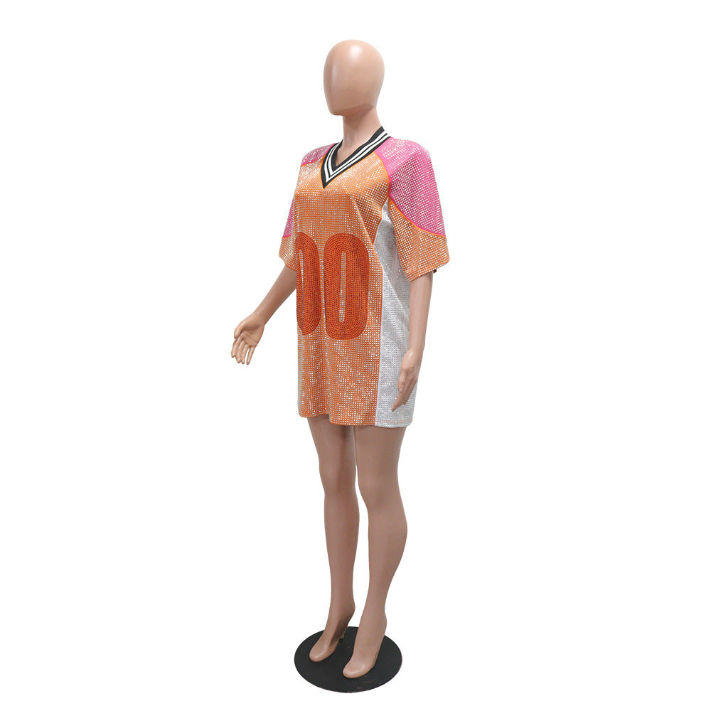 Patchwork Beaded Round Neck Contrast Color half-sleeved v-neck loose jersey dress 8