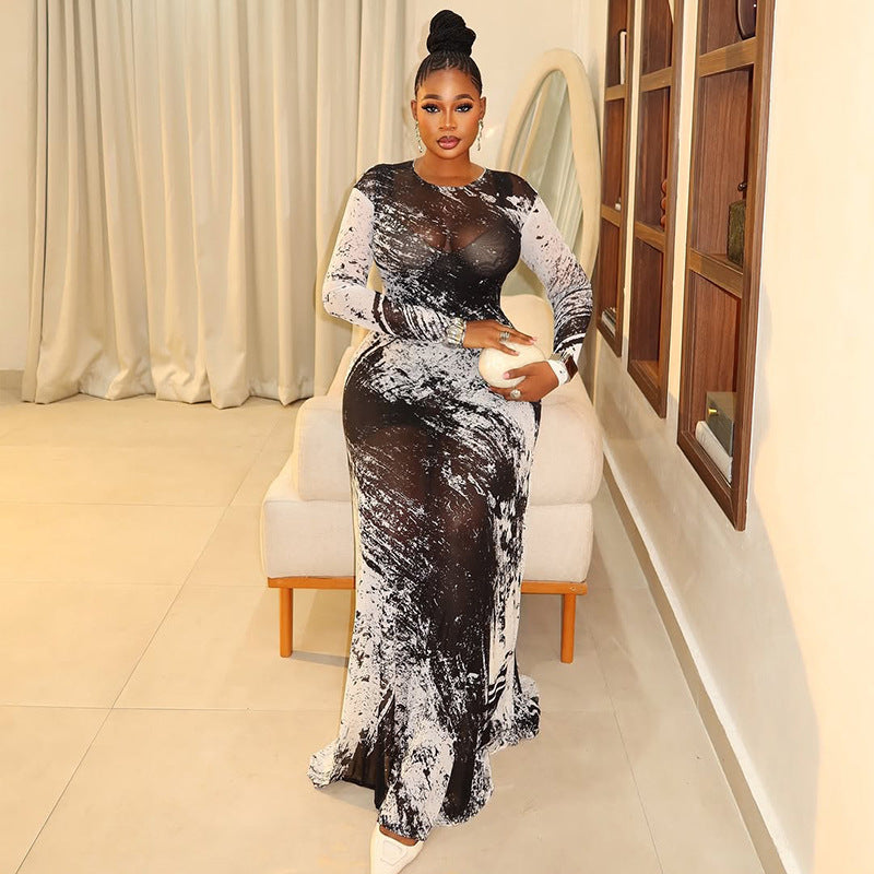 Women Printed Colorblock Round Neck Long Sleeve Bodycon Dress