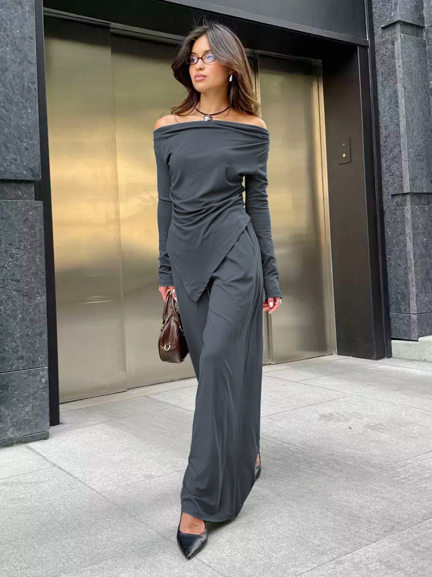 Autumn And Winter Grey Knitting Fashion Off Shoulder Long Sleeve Top High Waist Wide Leg Pants Casual Two Piece Set 3