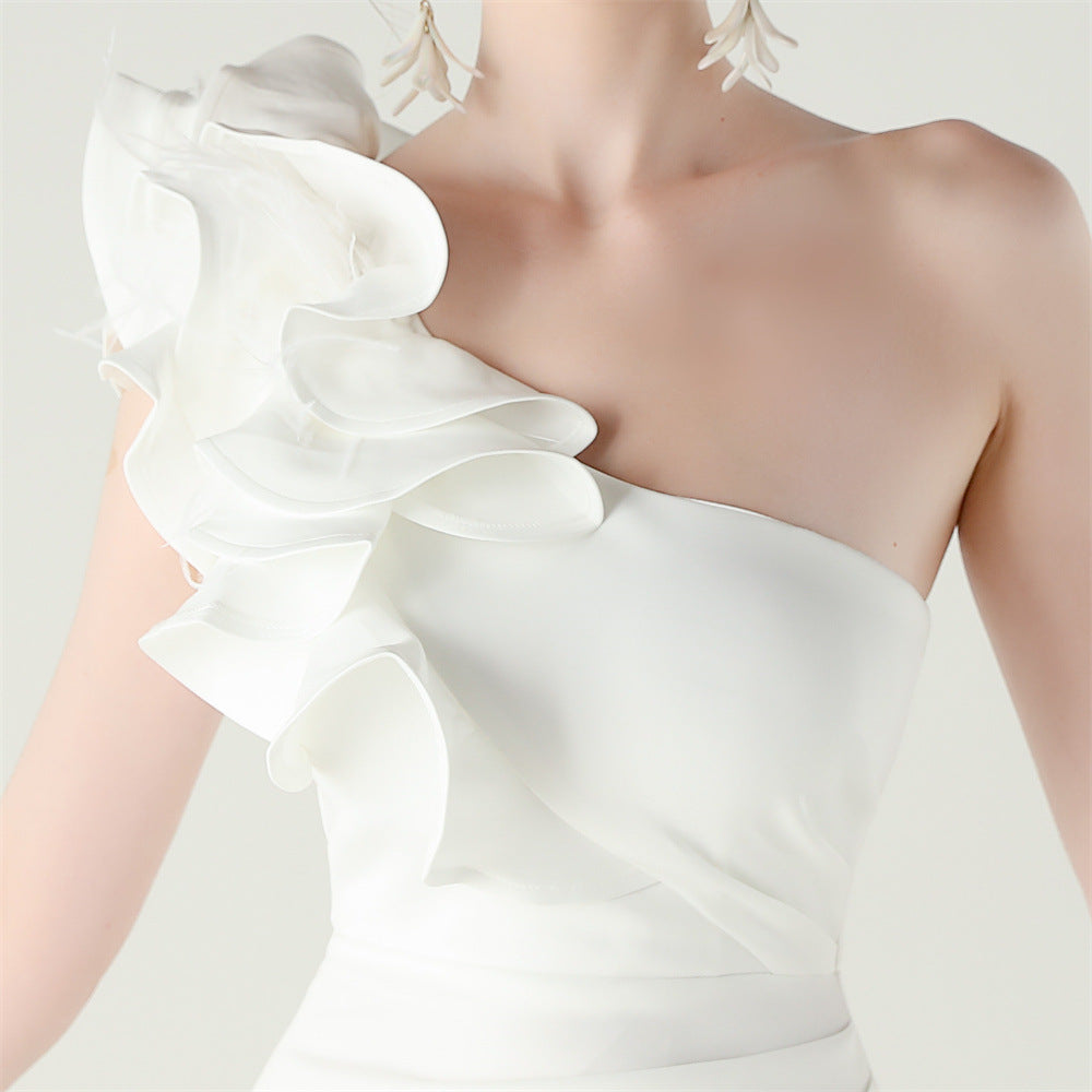 Women One-Shoulder Beaded Wool and Floral Satin Slit Sexy Evening Dress 83