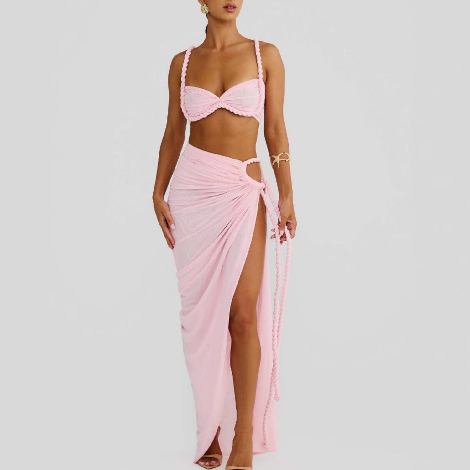 Summer Sexy Fashion Beach Braided Strap Top Slit Skirt Set 4