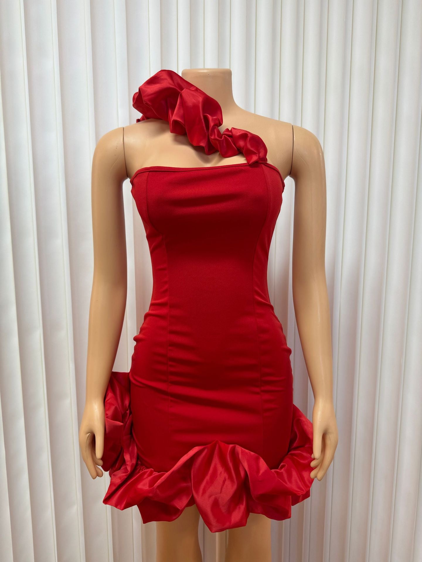 Women Solid One Shoulder Strapless Bodycon Ruffle Dress 5