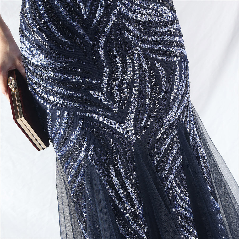 Sequin Mesh Patchwork Strapless Mermaid Evening Dress 27