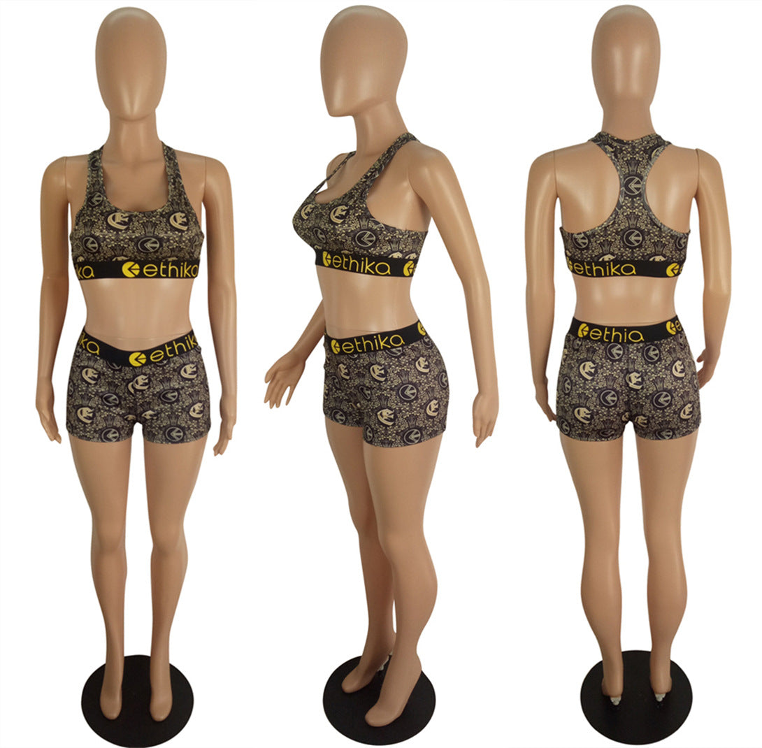 Women's Spring/Summer Slim Style Printed Sports Two-Piece Shorts Set 29