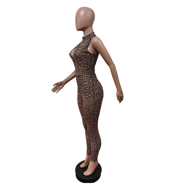 Women Leopard Stetchy Sleeveless Jumpsuit 4