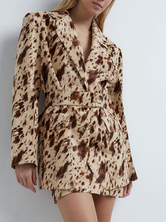Women Fall Career Brown Printed Long-Sleeved Blazer Coat 6