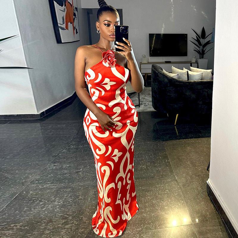 Fashion Printed Sexy Sleeveless Halter Neck Flower Decoration Bodycon Dress 3