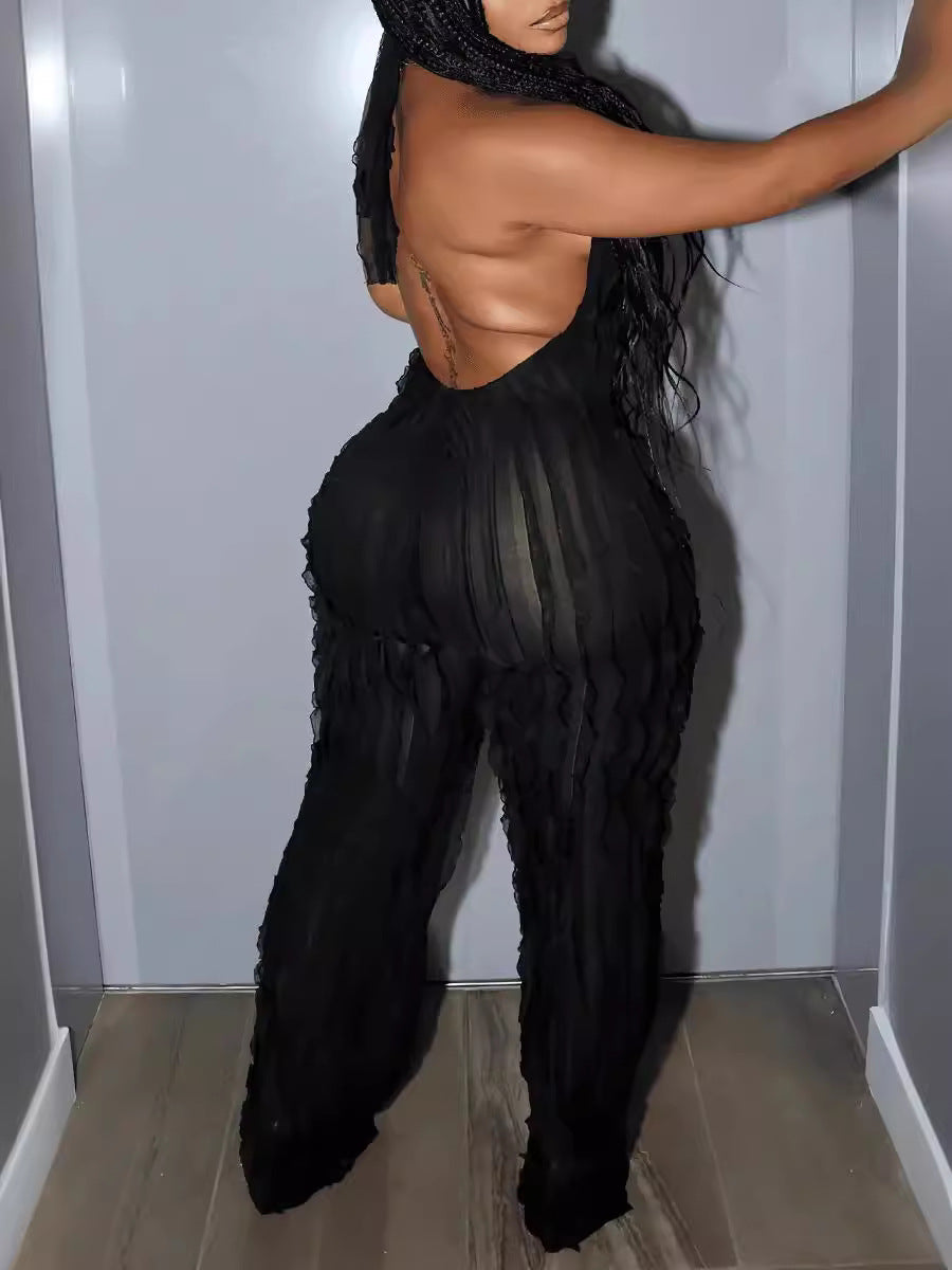 Women Casual Sexy Solid Backless See-Through Halter Neck Black Jumpsuit 3