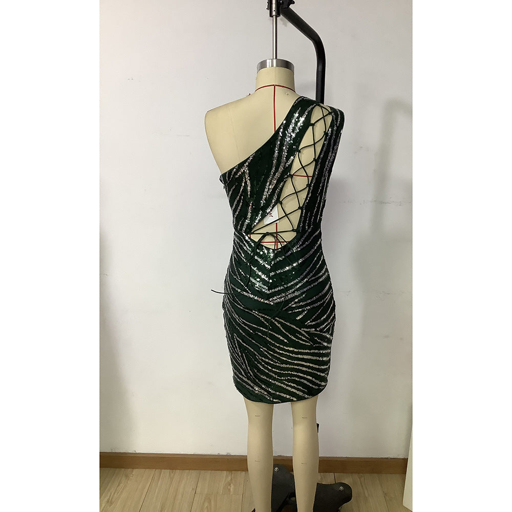 Summer Women's Sexy Sweet One Shoulder Sequin Bodycon Party Evening Dress 9