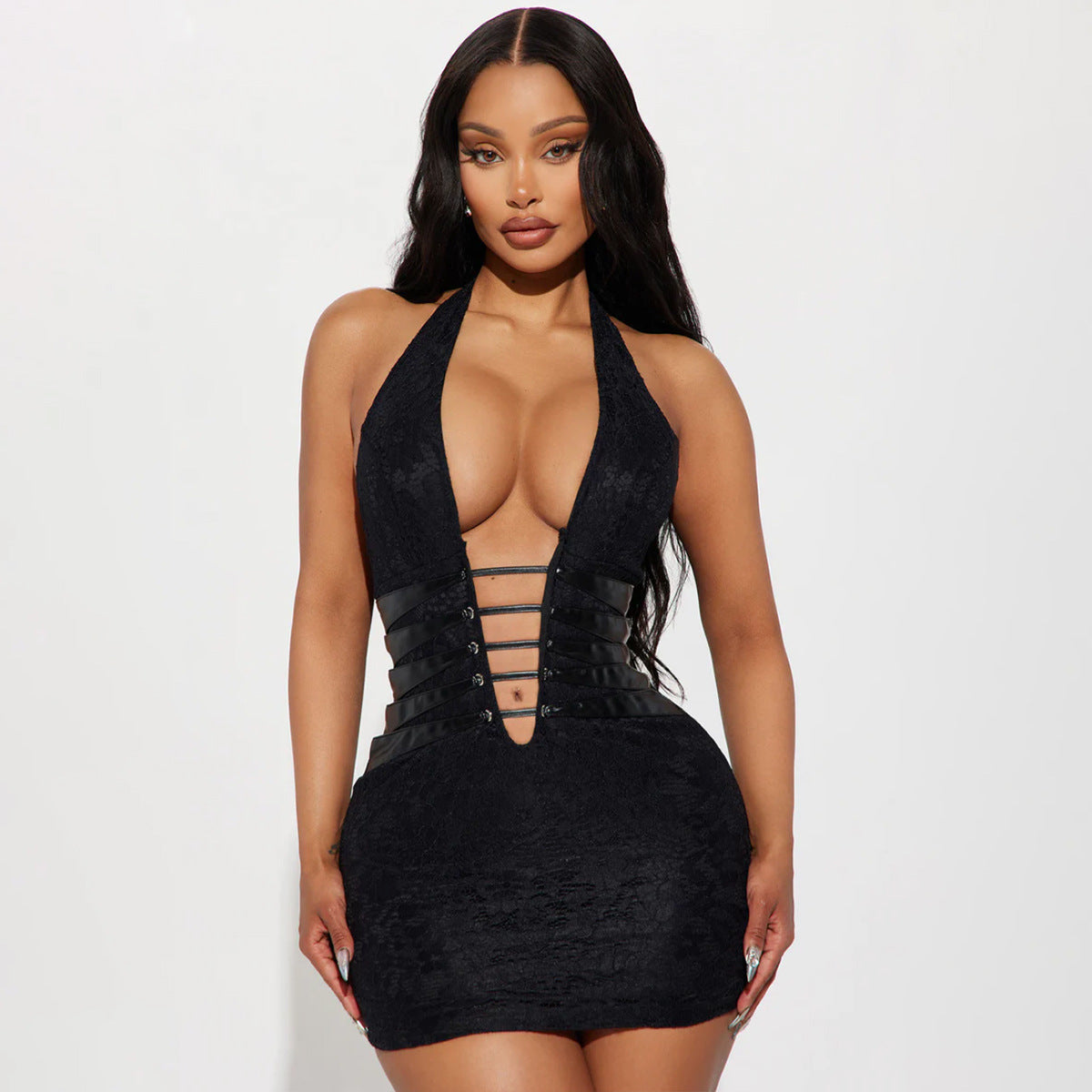 Women Sexy V Neck Hollow Backless Halter Neck Bodycon Dress 3