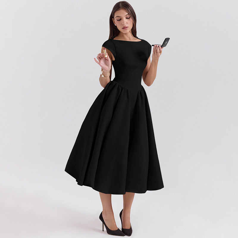 Women Spring Summer Solid Round Neck Backless Dress 5