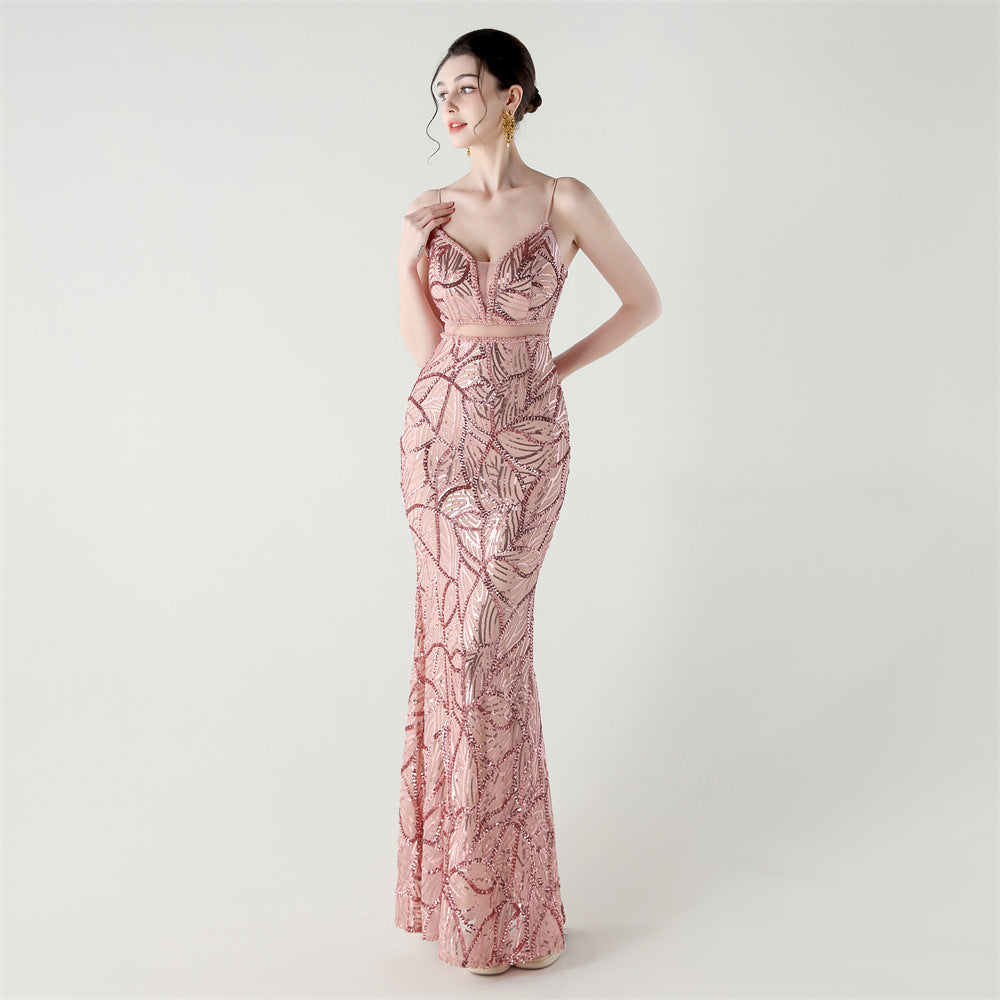 Women See-Through Mesh back cross Lace-Up fishtail sequined evening dress 25