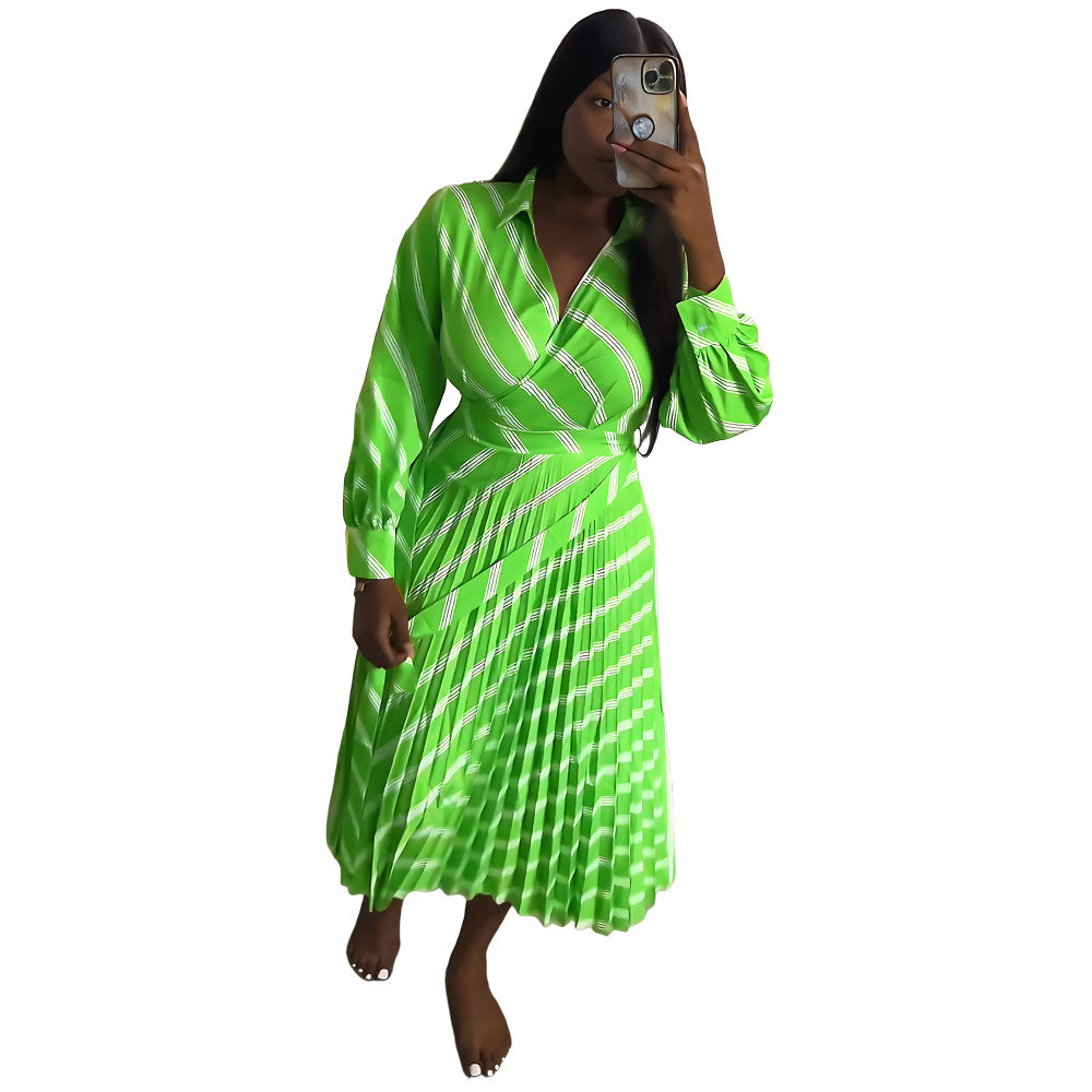 Striped Turndown Collar Casual Summer Women's  Pleated Slim Waist Long Dress 9