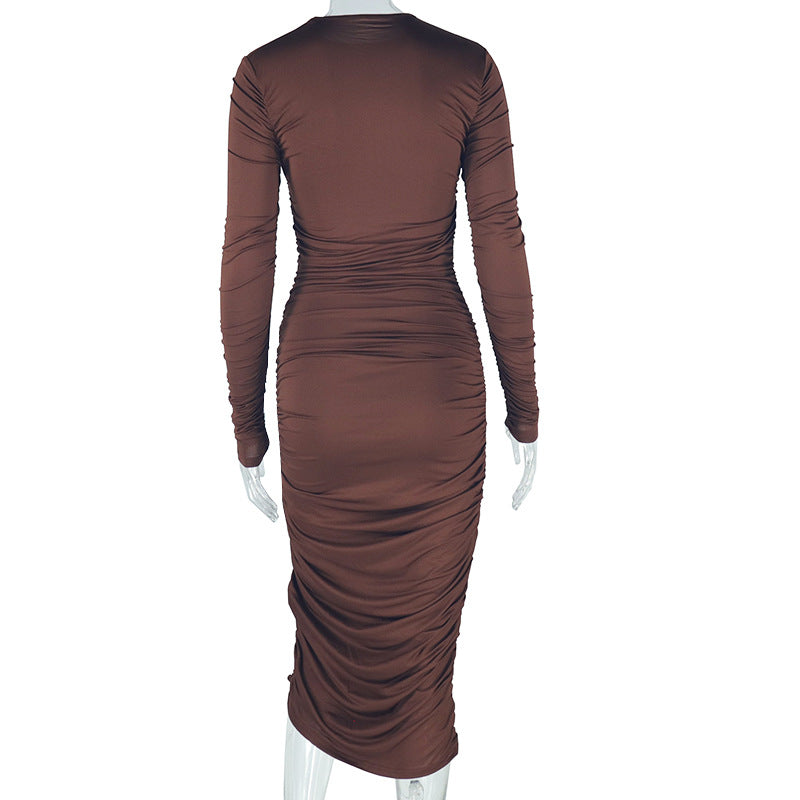Women Solid Round Neck Long Sleeve Dress 7