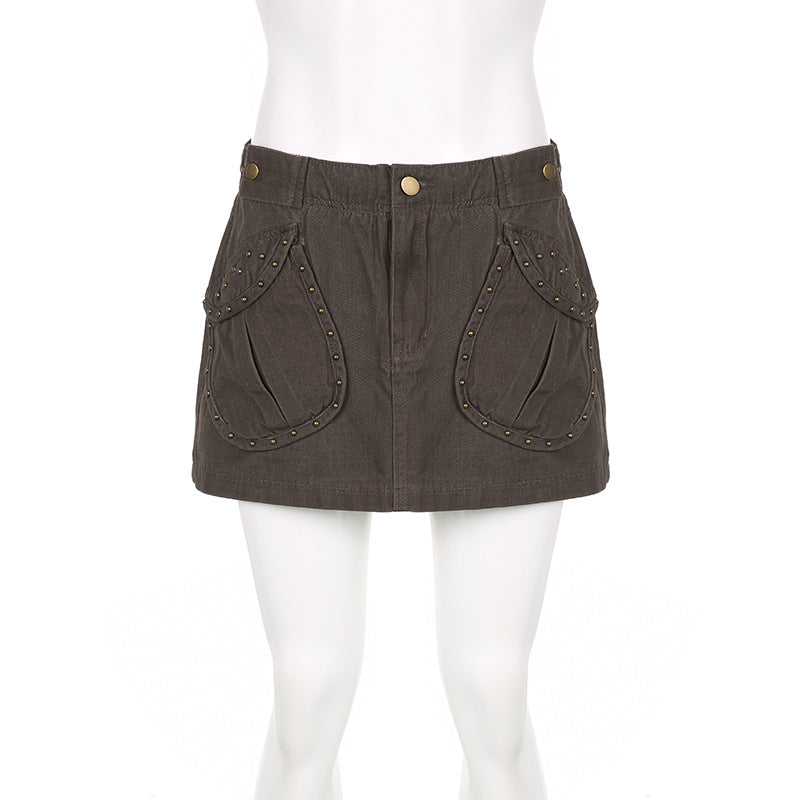 Women Beauty Street Retro Rivets Pockets Denim Skirt 6