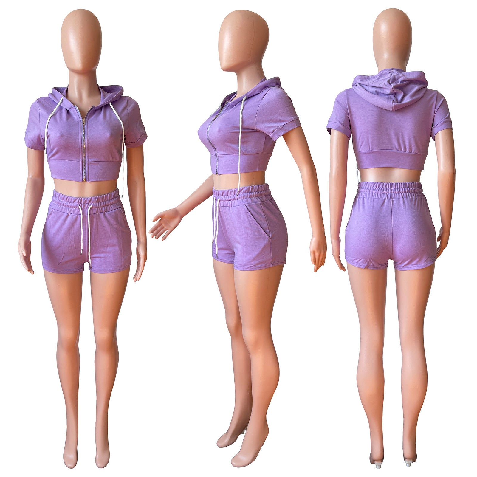 Women zipper Solid hooded Crop Top and Shorts two-piece set 22