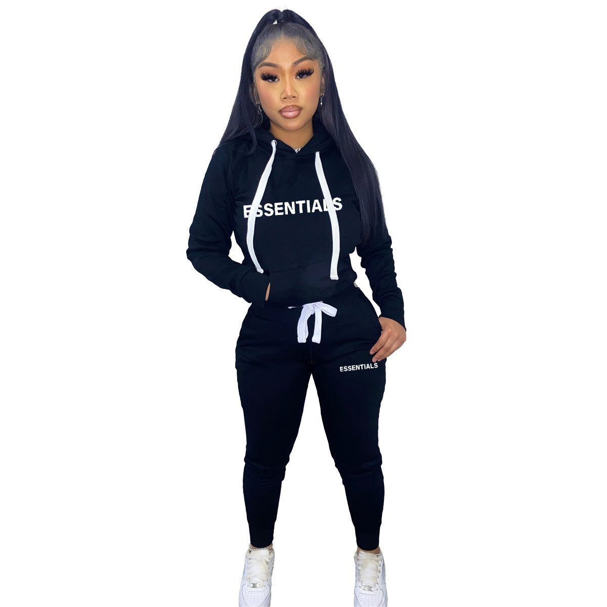 Women's Fashion Winter Fleece Drawstring Letter Print Hoodie Two-Piece Set with Pockets 3