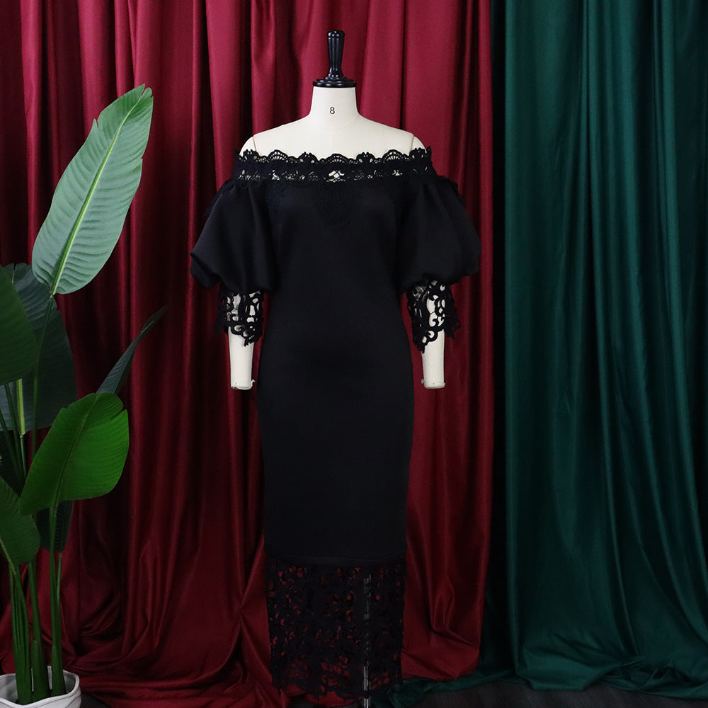 Off Shoulder Off Shoulder Bodycon Lace Patchwork Balloon Sleeve Gown Dress 23