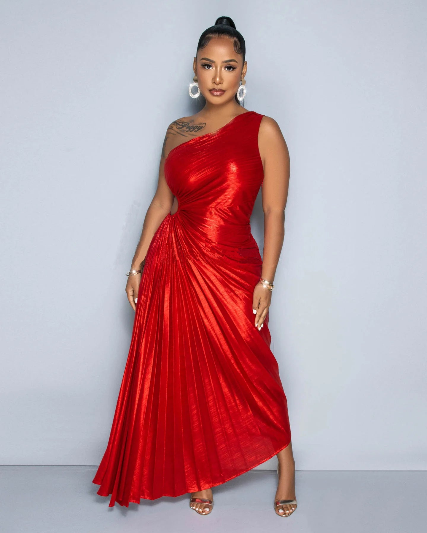 Women Pleated Slash Shoulder Shiny Dress 7