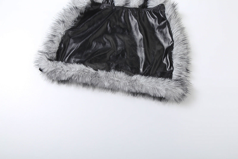 Women's Autumn Winter Fashion Sexy Faux Fur Patchwork Pu Leather Halter Neck Deep V-Neck Dress 17