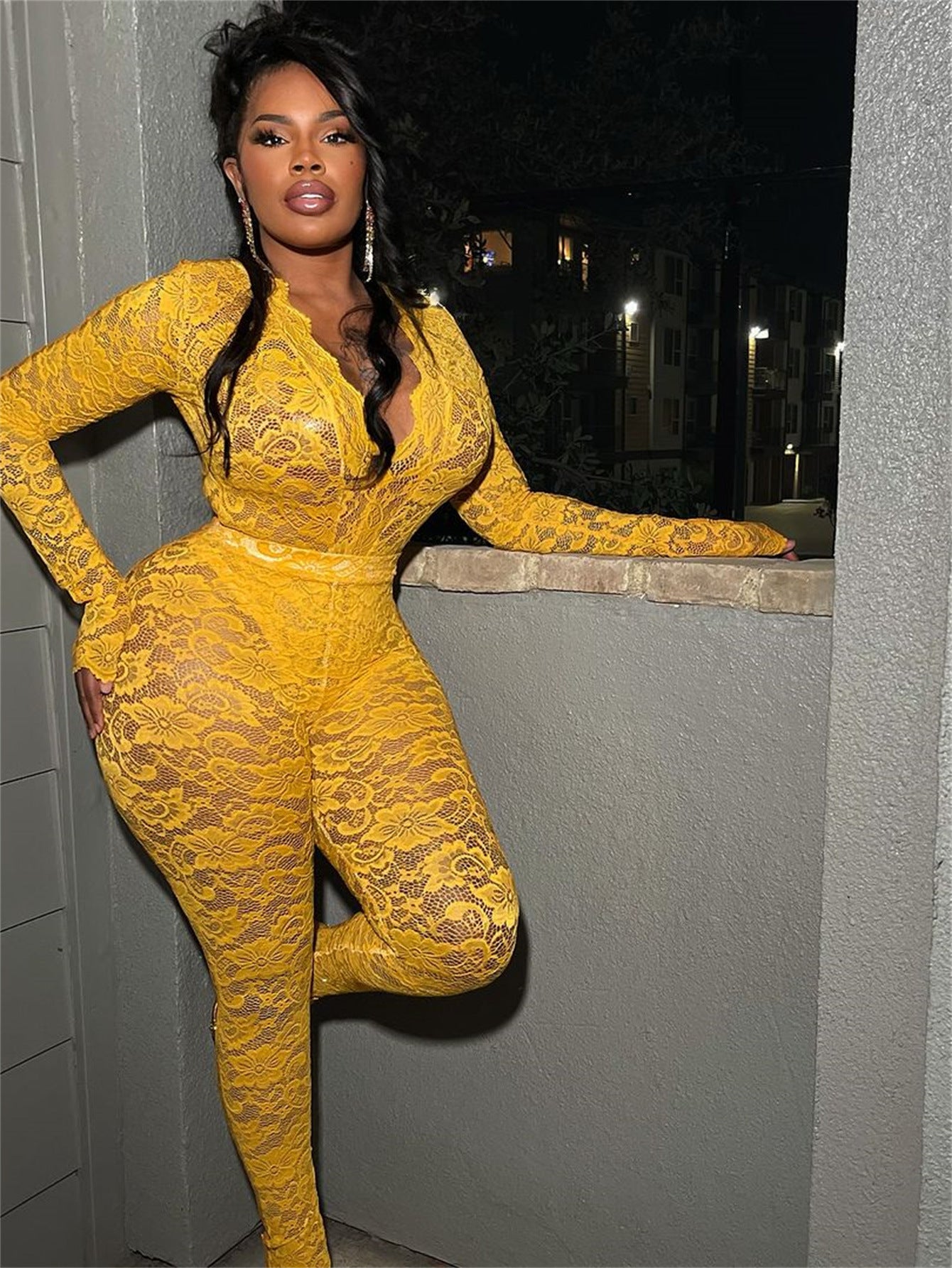 Women Solid Sexy Lace Hollow V Neck See-Through Long Sleeve Top Trousers Two Piece Set 13