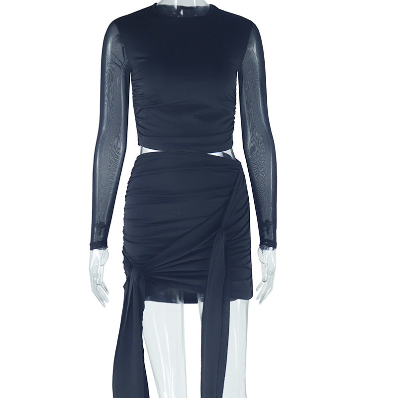 Women's Solid Color Round Neck Mesh Patchwork Crop Top Ribbon Skirt Two Piece Set 8