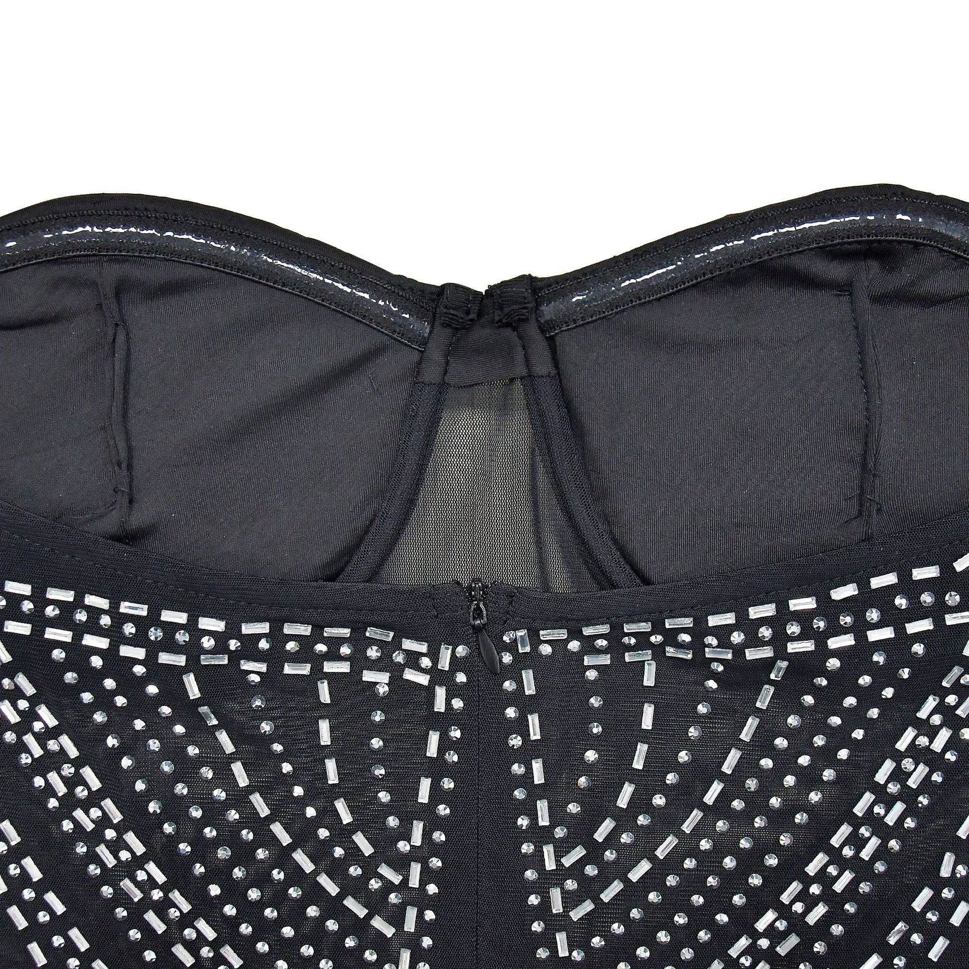 Fashion Women's Solid Color Mesh Beaded Long Sleeve Short Club Dress 26