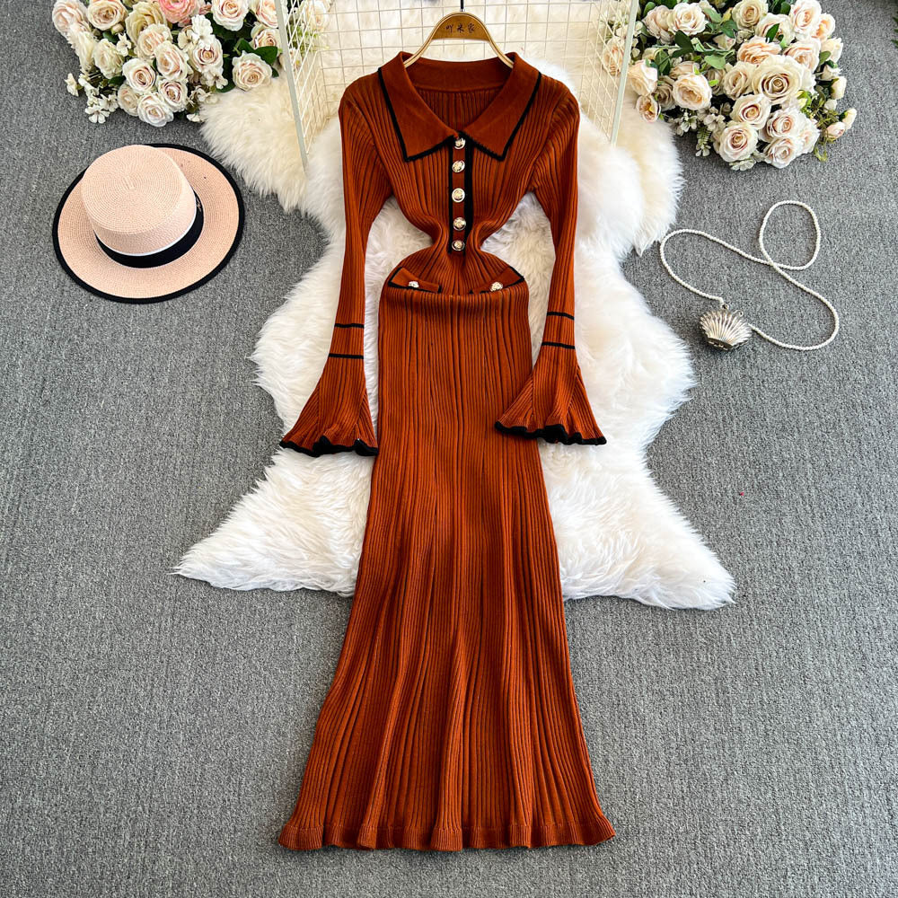 Winter Turndown Collar Knitting Dress Women Long Sleeve Fashion Chic Slim Waist Sweater Dress 5