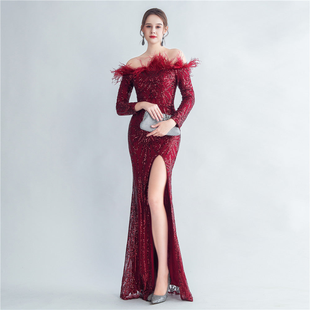 Feather Sequins Off Shoulder Long Sleeve Mermaid Evening Dress 9