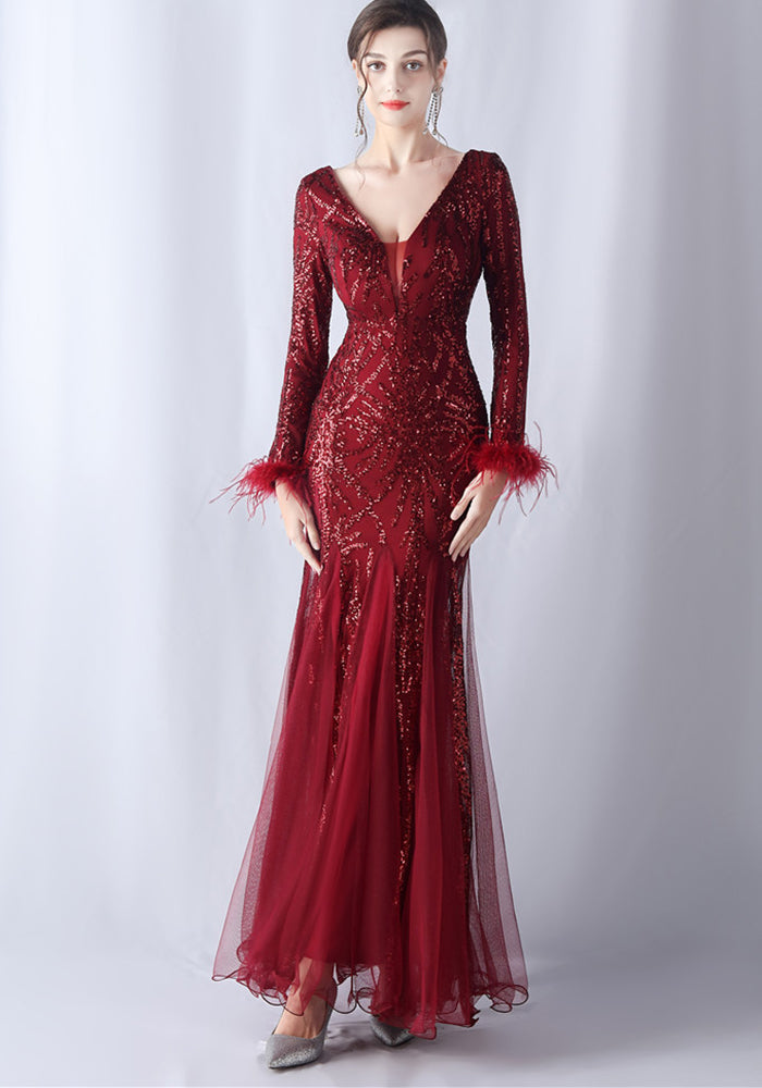 Women ostrich feather mesh sequin evening dress