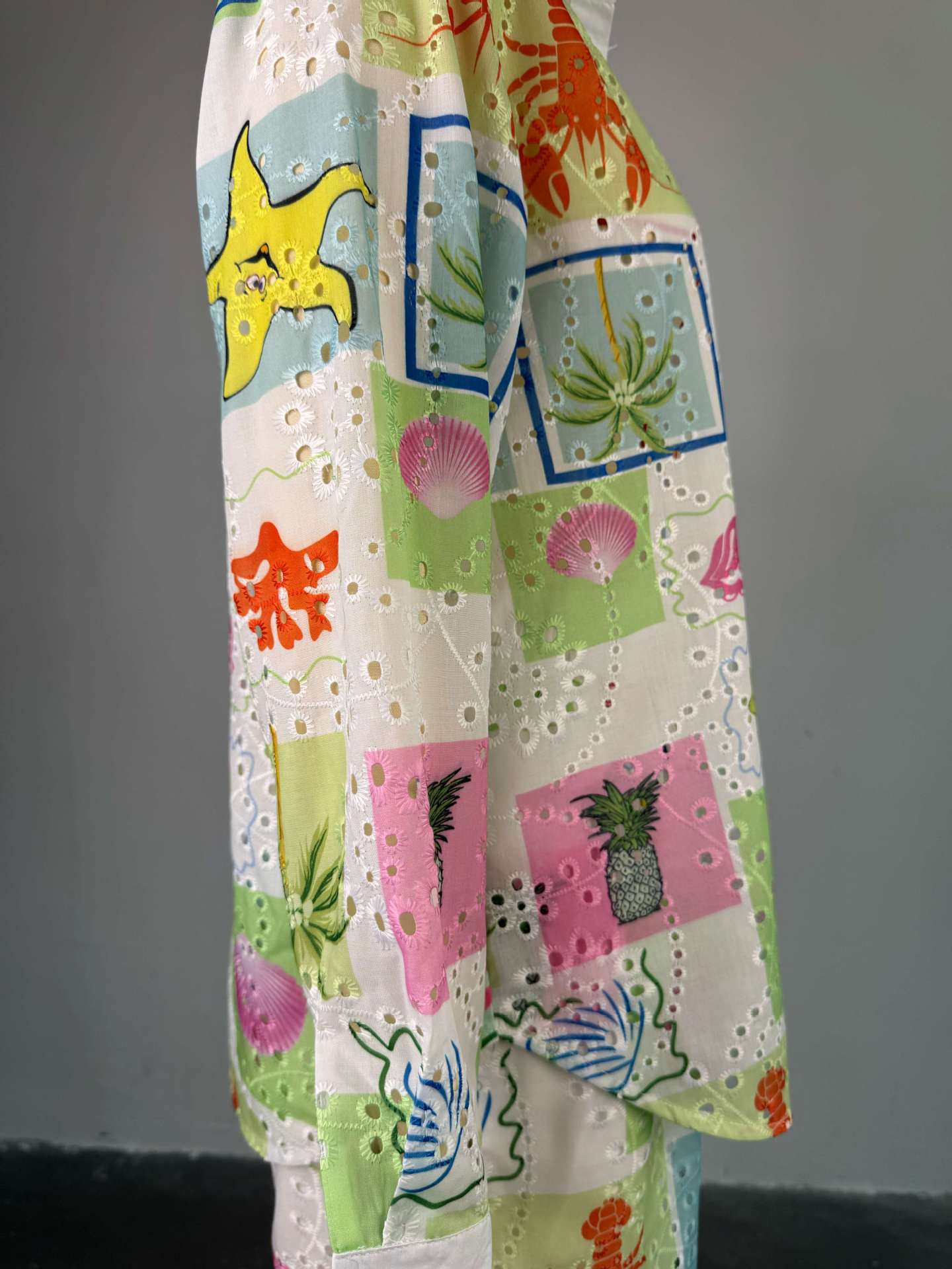 Women Summer Print Hollow Turndown Collar Long Sleeve Shirt and Shorts Casual Two-piece Set 7