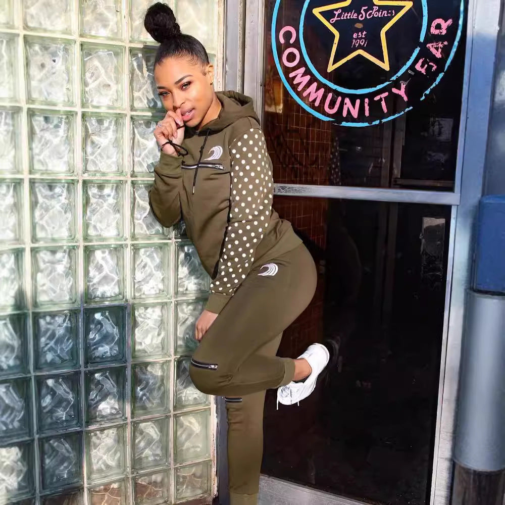 Women's Autumn Winter Fashion Zipper Polka Dot Patchwork Hooded Two-Piece Pants Set 6