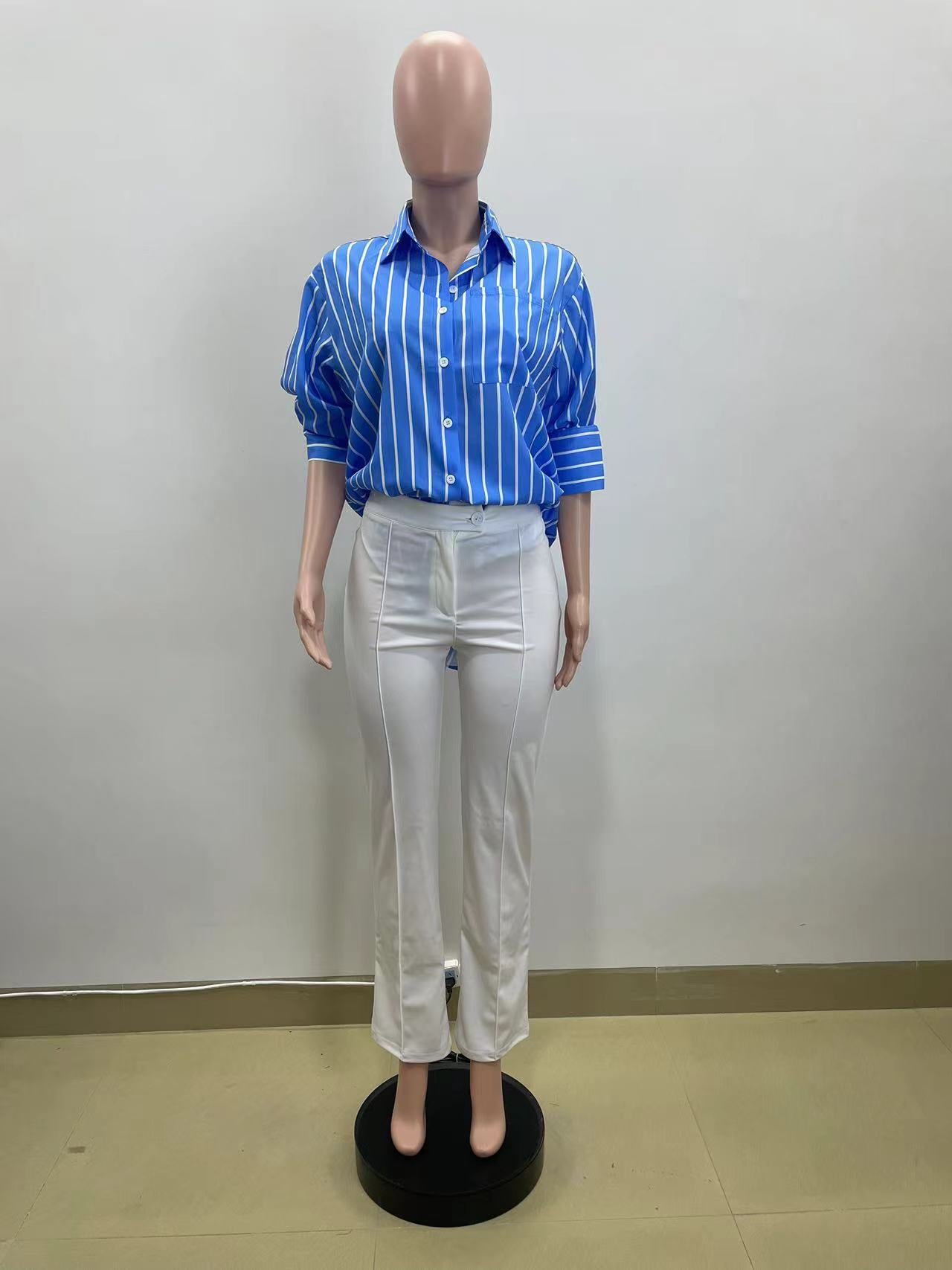 Spring Casual Blue And White Striped Career Loose Shirt 12
