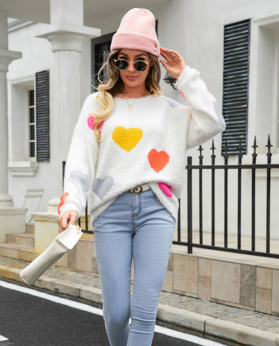 Women Round Neck Basic Heart Print Sweater 5