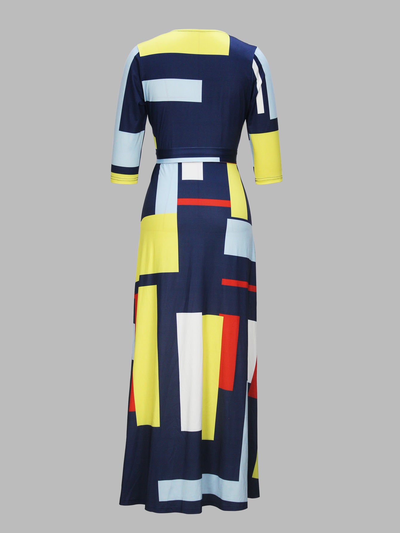 Spring & Autumn Women's Fashion Elegant Wrap V-Neck Half-Sleeve Print Belt Maxi Dress 121