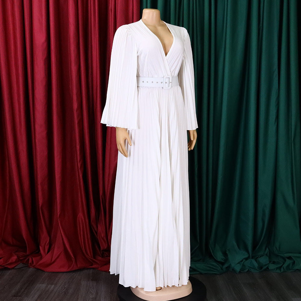 Elegant Women'S Solid Color V-Neck Sexy Pleated Long Dress Maxi Dress 32