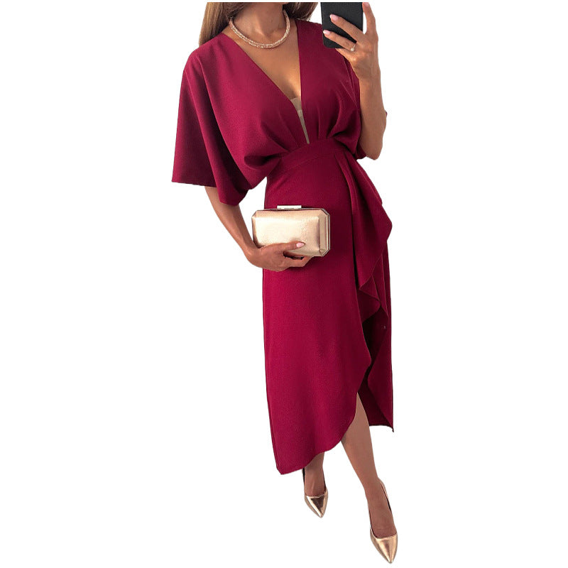 Casual V-Neck Solid Color Irregular Dress For Women 6