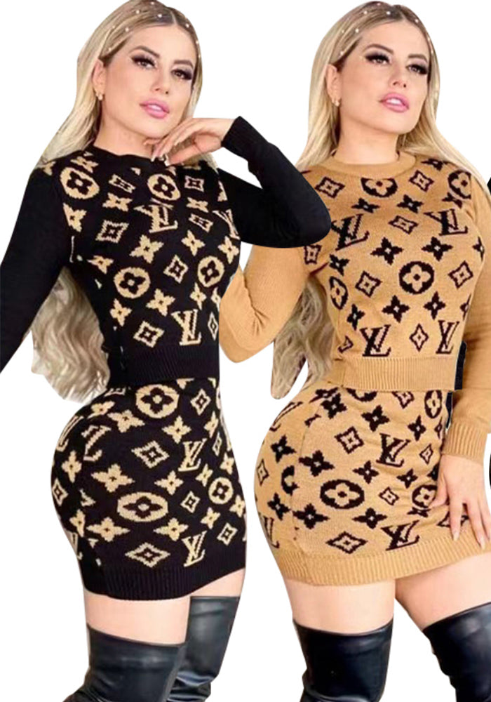 Women's Winter Round Neck Pullover Long Sleeve Sweater Short Skirt Two-Piece Set