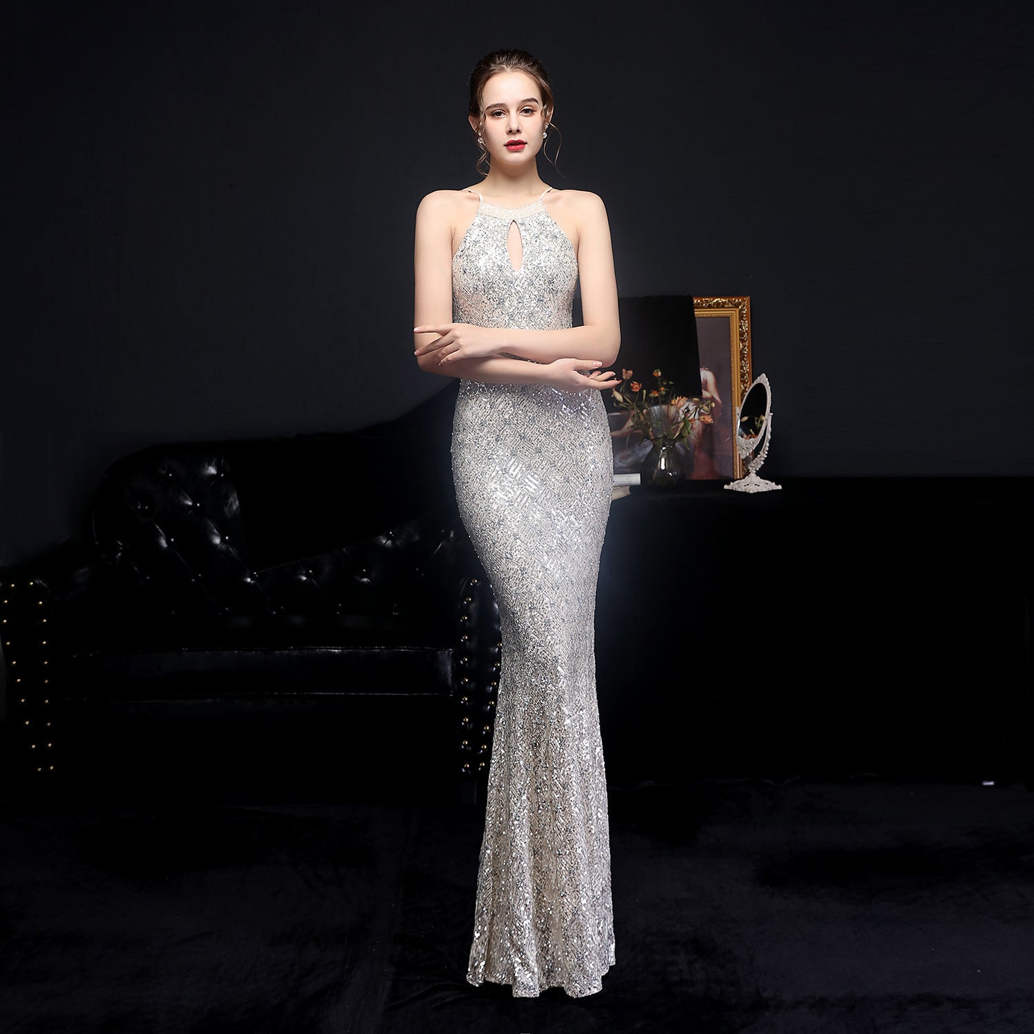 Summer Occasional Sequin Halter Mermaid Long Evening Dress 5