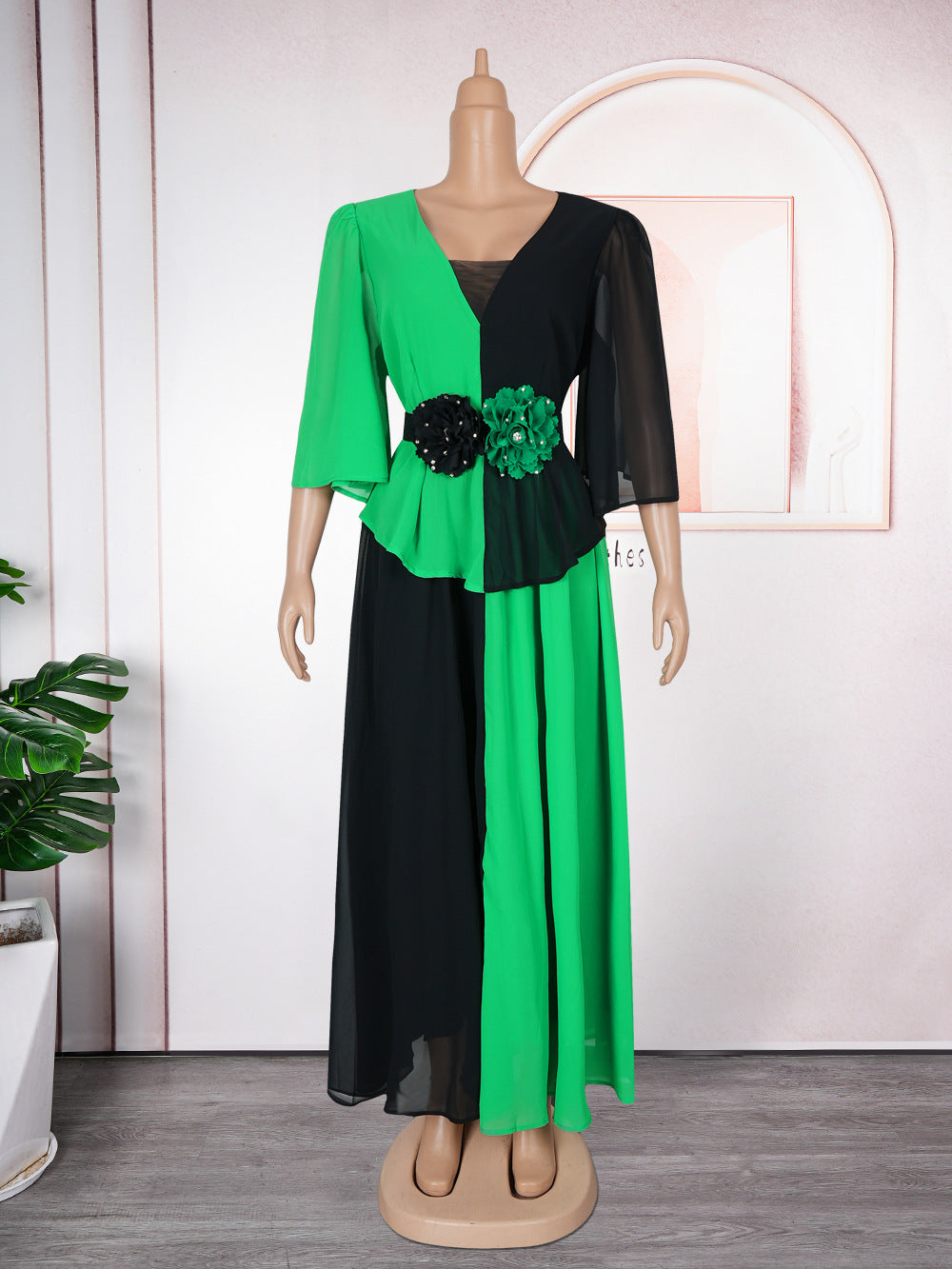 African Women's Elegant Plus Size Chiffon Patchwork Contrast Long Dress 6