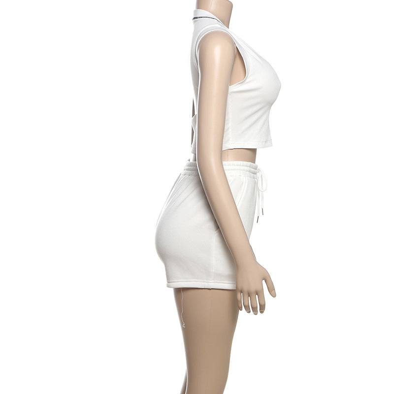 Women Summer Style Solid U-neck Sleeveless Crop Top and Shorts Two-piece Set 8