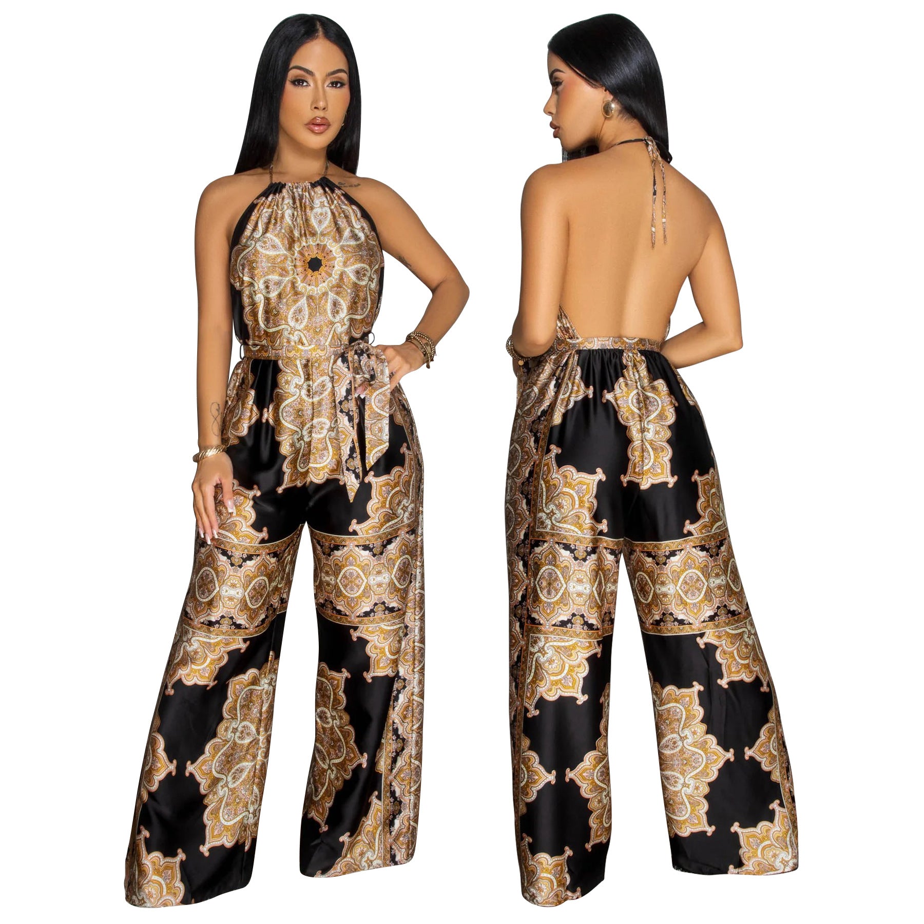 Women Summer Printed Sexy Backless Sleeveless Jumpsuit 3