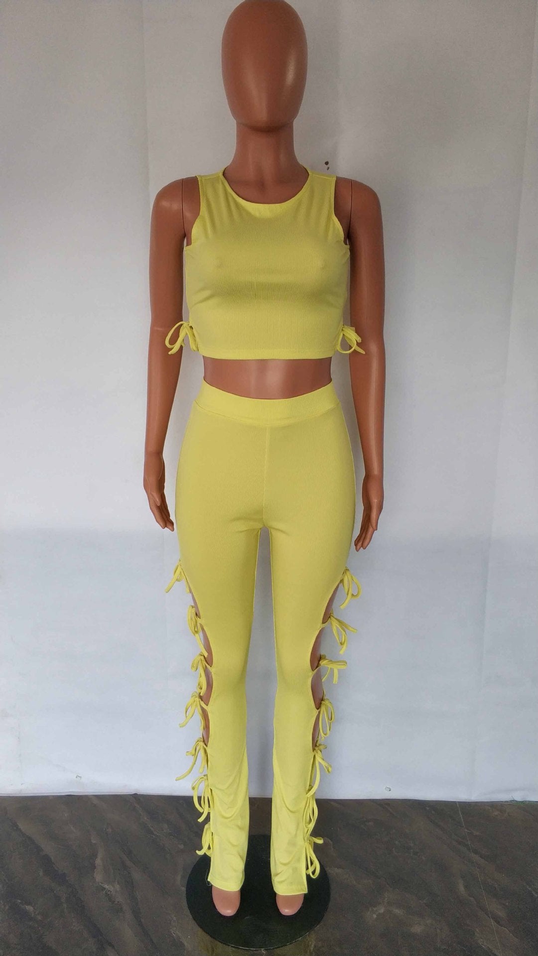 Women's Fashion Summer Style Cutout Tie Solid Color Ribbed Sleeveless Two-Piece Pants Set 17