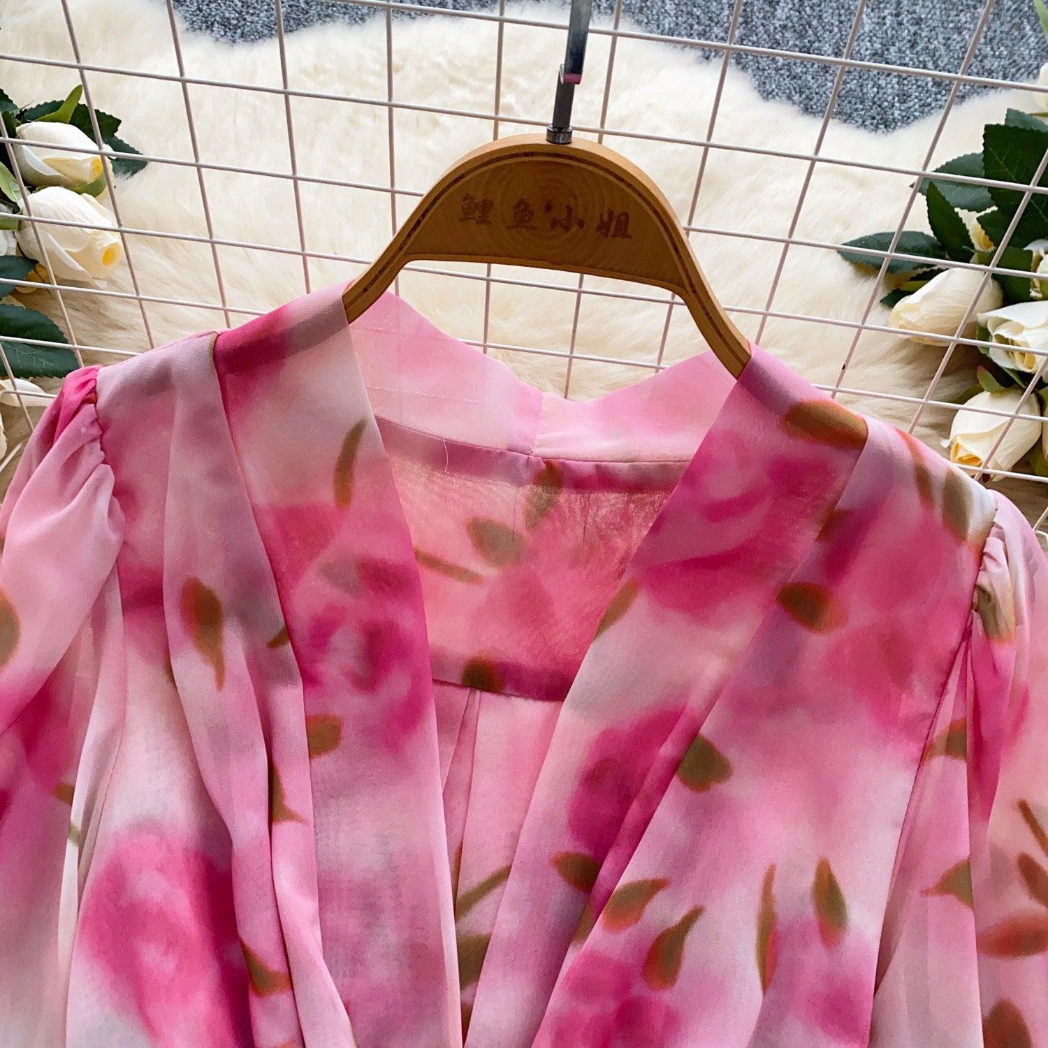 Holidays Style Women's Lace Up Slim Waist V neck Lantern Sleeve Ruffled Floral Short Dress 5